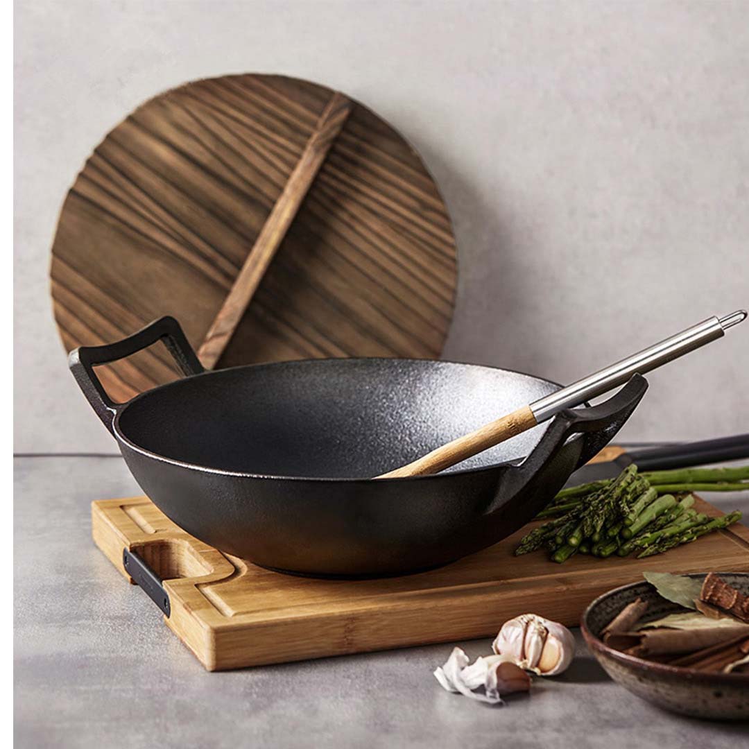 Premium 2X 36CM Commercial Cast Iron Wok FryPan with Wooden Lid Fry Pan - image12