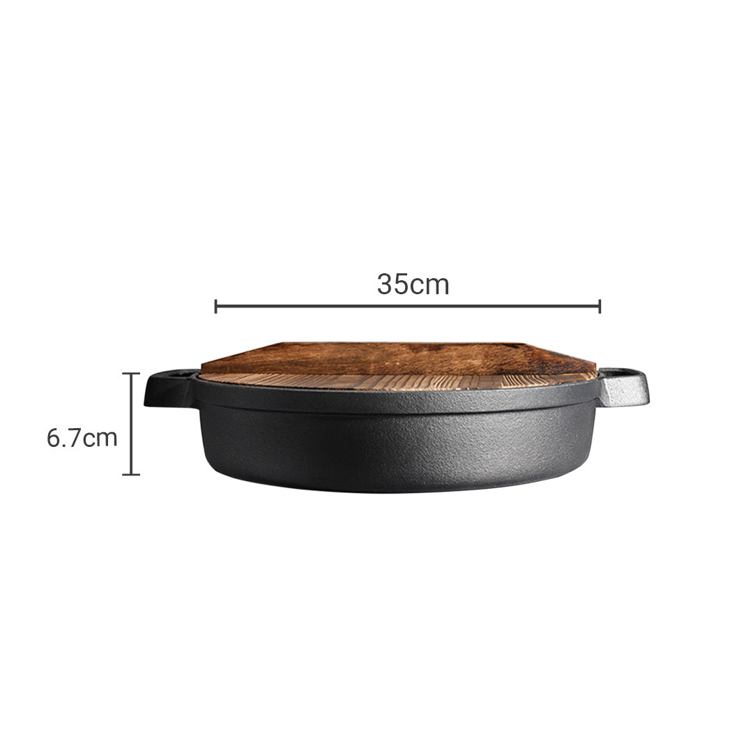 Premium 2X 35cm Round Cast Iron Pre-seasoned Deep Baking Pizza Frying Pan Skillet with Wooden Lid - image12