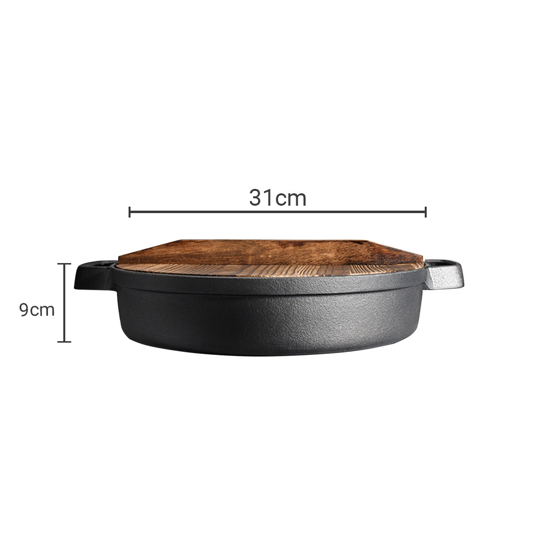 Premium 2X 31cm Round Cast Iron Pre-seasoned Deep Baking Pizza Frying Pan Skillet with Wooden Lid - image12