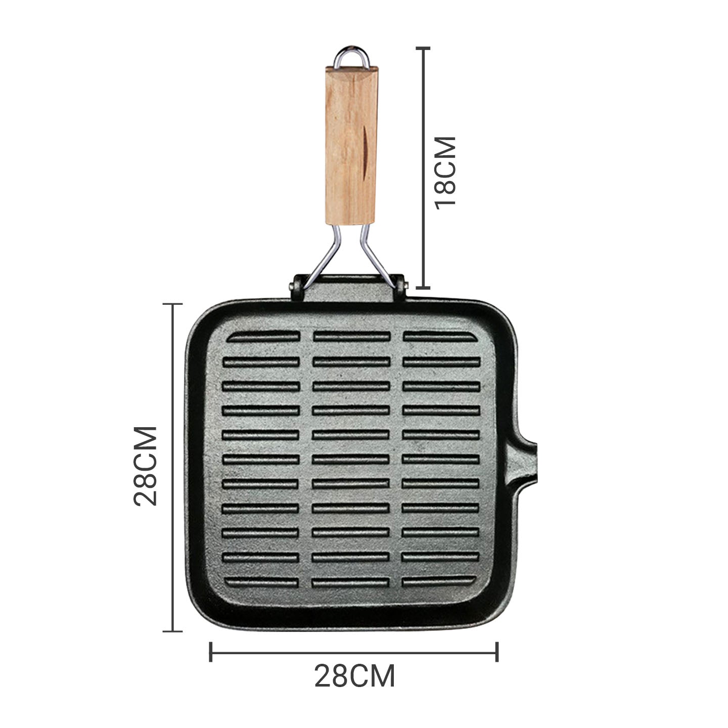 Premium 2X 28cm Ribbed Cast Iron Square Steak Frying Grill Skillet Pan with Folding Wooden Handle - image13