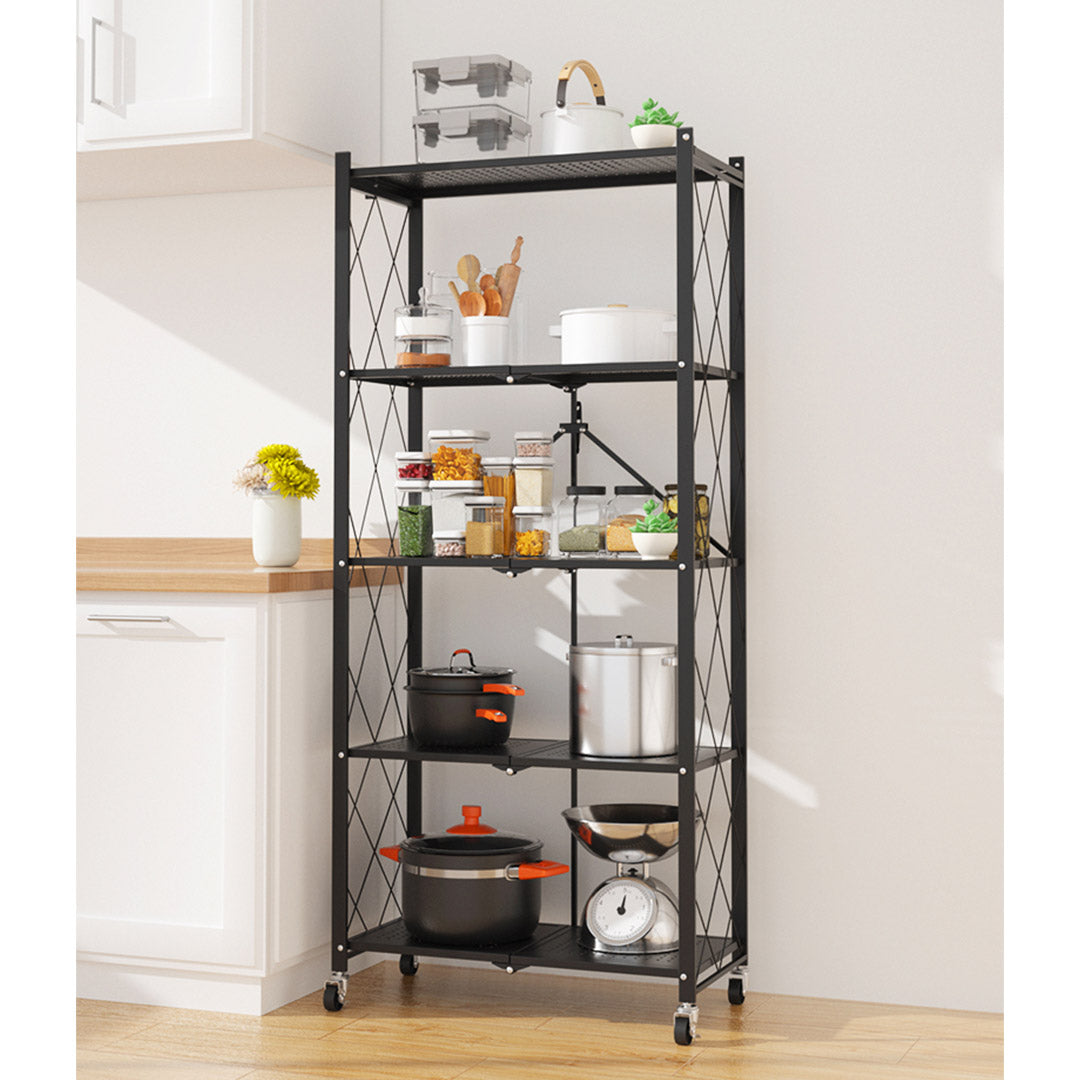 Premium 2X 5 Tier Steel Black Foldable Kitchen Cart Multi-Functional Shelves Portable Storage Organizer with Wheels - image13