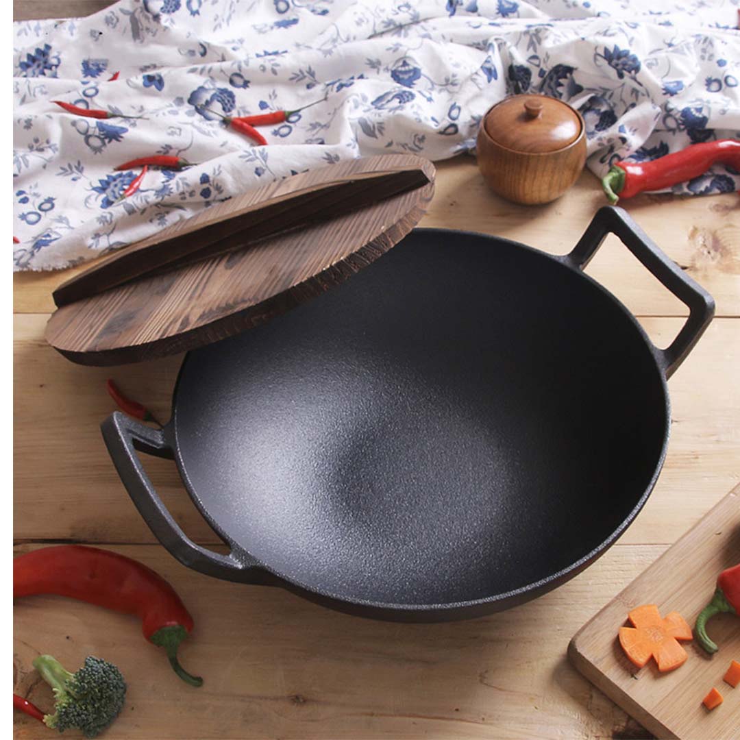 Premium 2X 36CM Commercial Cast Iron Wok FryPan with Wooden Lid Fry Pan - image14