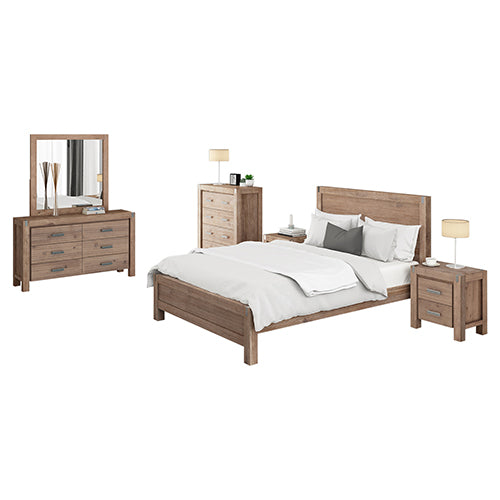 5 Pieces Bedroom Suite in Solid Wood Veneered Acacia Construction Timber Slat Queen Size Oak Colour Bed, Bedside Table , Tallboy & Dresser - image1