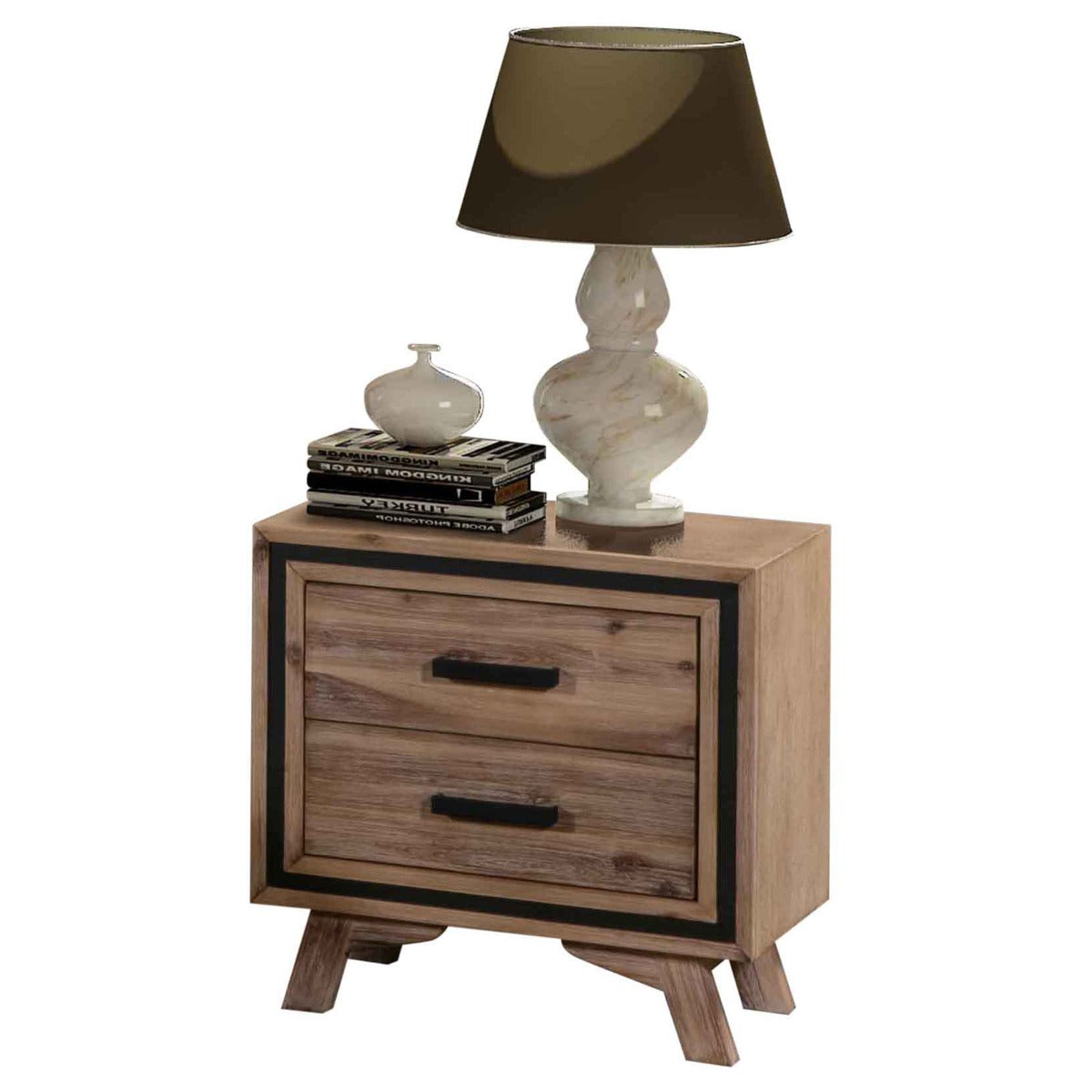 Bedside Table 2 drawer Night Stand with Solid Acacia Storage in Sliver Brush Colour - image2