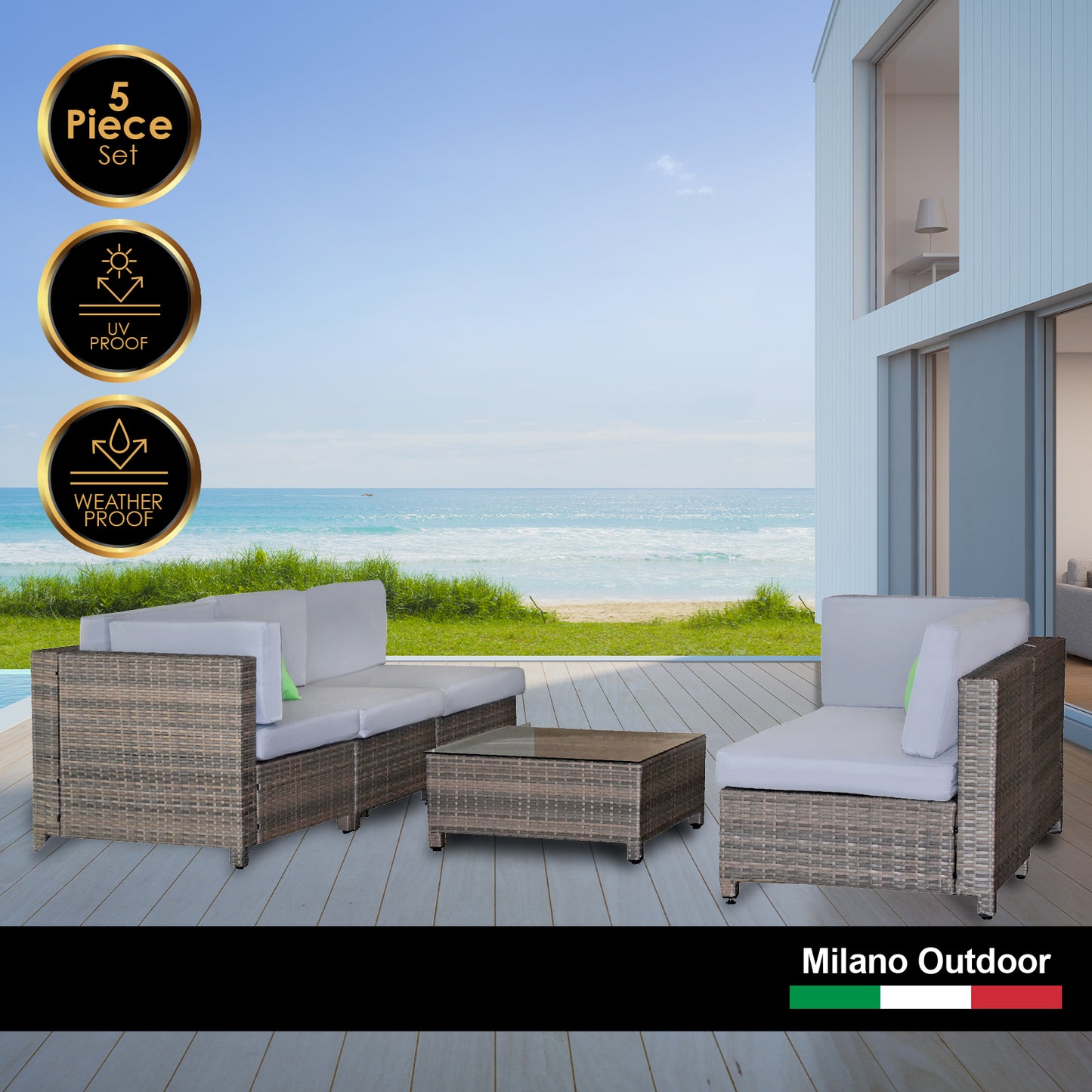 Milano Outdoor 5 PC Rattan Sofa Set Colour Oatmeal Seat & Black Coating (5 Boxes) - image2