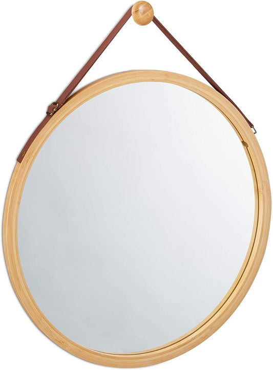 Hanging Round Wall Mirror 38 cm - Solid Bamboo Frame and Adjustable Leather Strap for Bathroom and Bedroom - image1