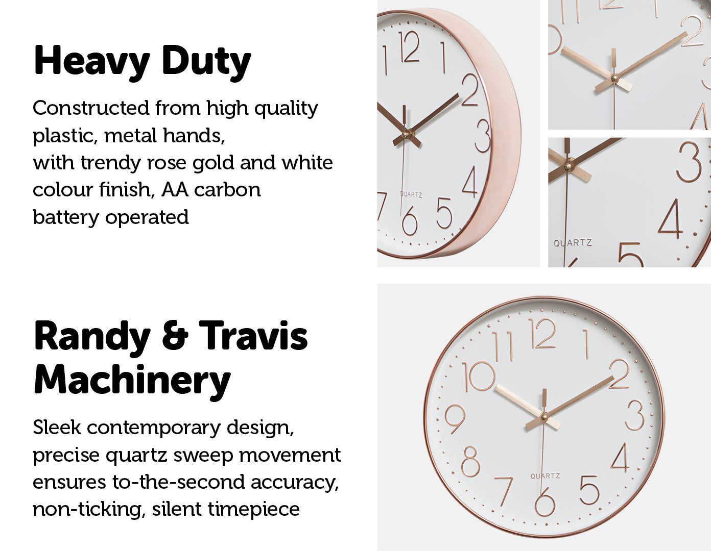 Modern Wall Clock Silent Non-Ticking Quartz Battery Operated Rose Gold - image4