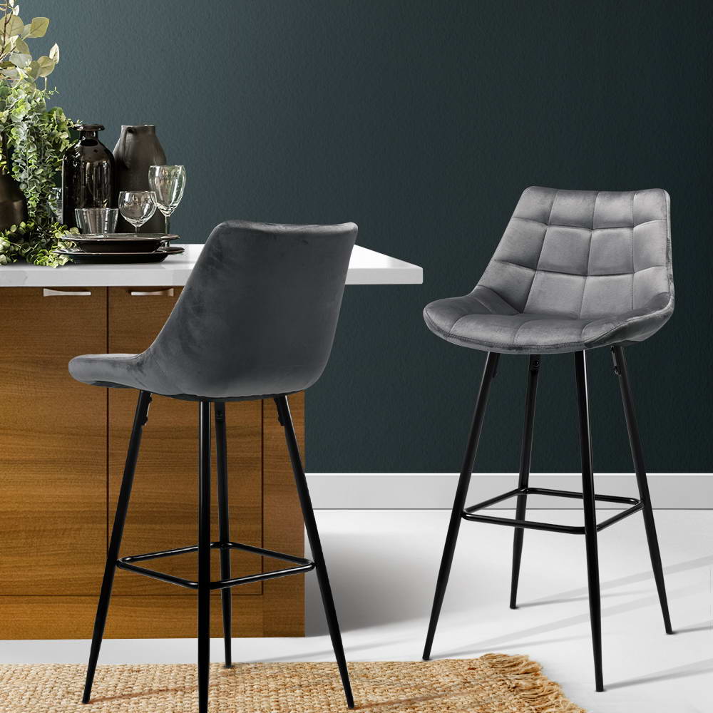 Set of 2 Velvet Bar Stools - Grey - image7