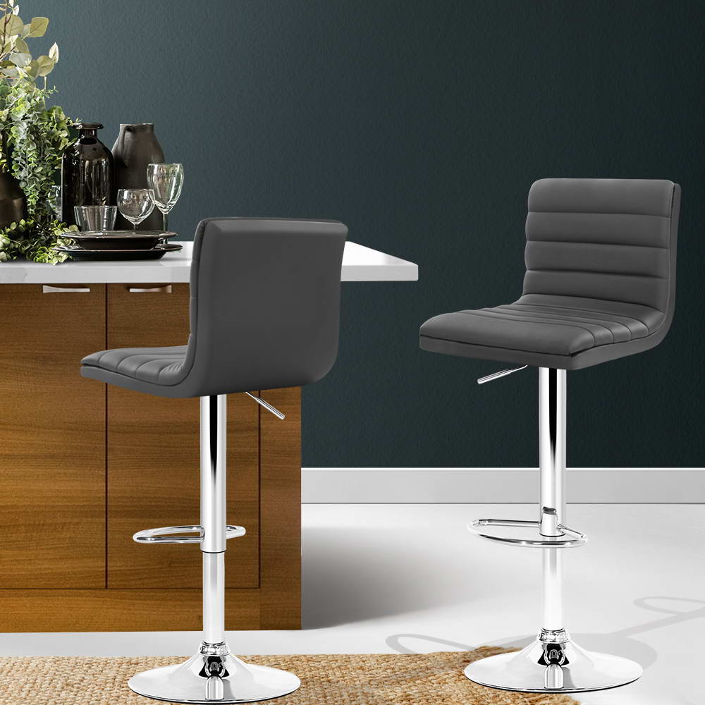 Set of 2 PU Leather Lined Pattern Bar Stools- Grey and Chrome - image7