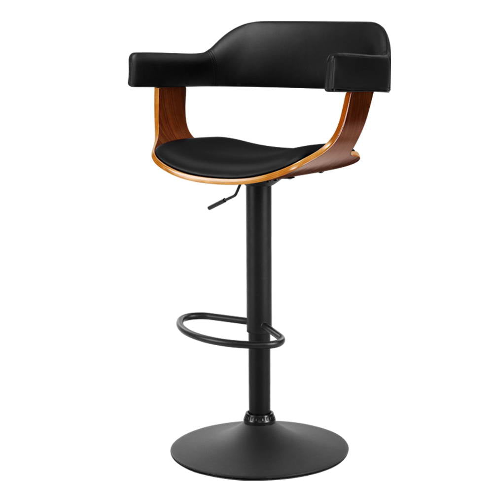 Bar Stool Curved Gas Lift PU Leather - Black and Wood - image1