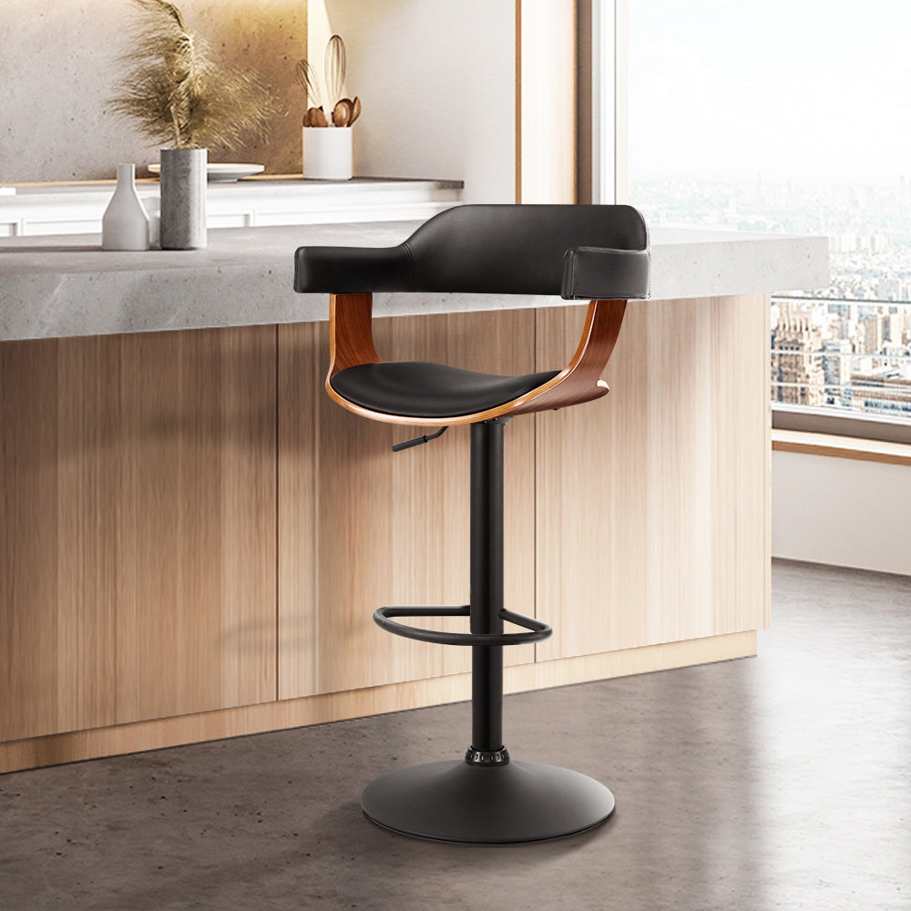 Bar Stool Curved Gas Lift PU Leather - Black and Wood - image8