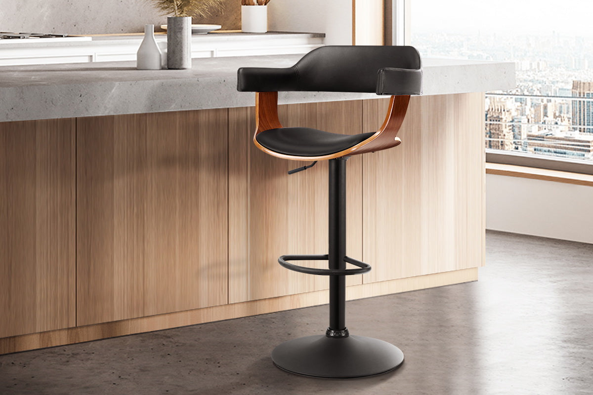 Bar Stool Curved Gas Lift PU Leather - Black and Wood - image9