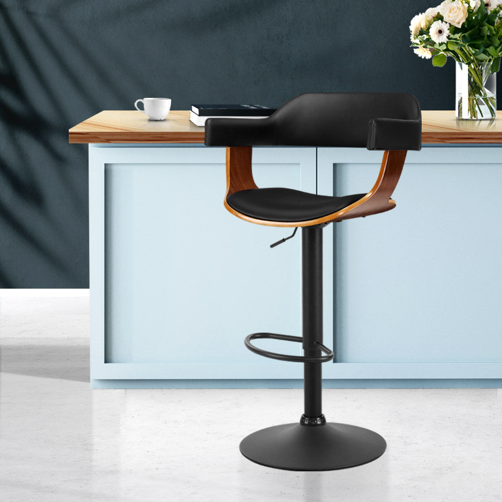 Bar Stool Curved Gas Lift PU Leather - Black and Wood - image7