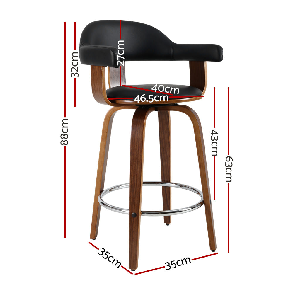 Set of 2 Bar Stools PU Leather Wooden Swivel - Wood, Chrome and Black - image2