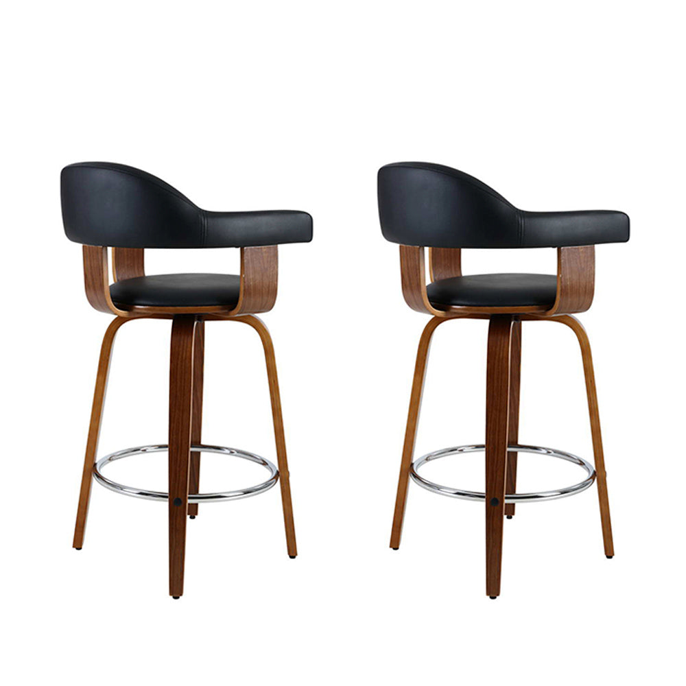 Set of 2 Bar Stools PU Leather Wooden Swivel - Wood, Chrome and Black - image3