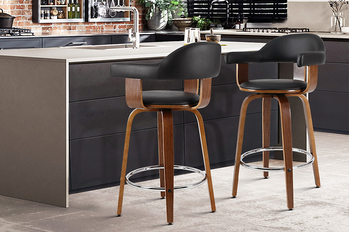 Set of 2 Bar Stools PU Leather Wooden Swivel - Wood, Chrome and Black - image9