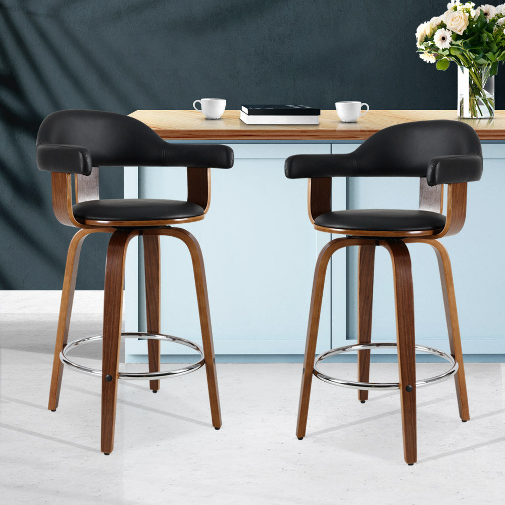 Set of 2 Bar Stools PU Leather Wooden Swivel - Wood, Chrome and Black - image7