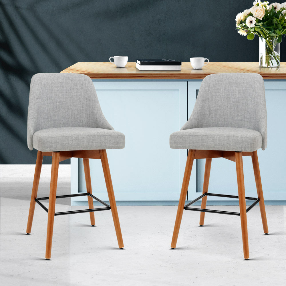 Set of 2 Wooden Fabric Bar Stools Square Footrest - Light Grey - image7