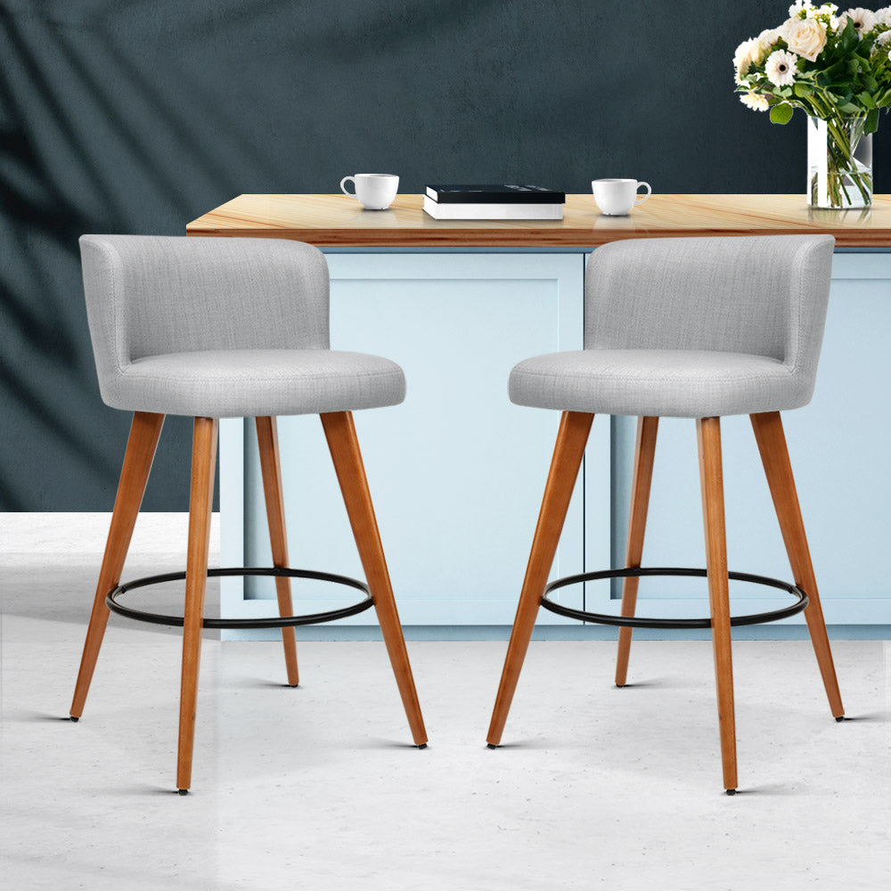 Set of 2 Wooden Fabric Bar Stools Circular Footrest - Light Grey - image10