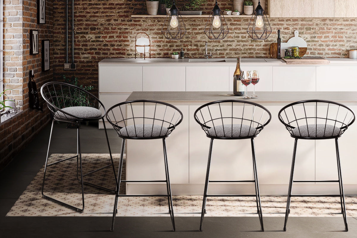 Set of 4 Bar Stools Steel Fabric - Grey and Black - image8