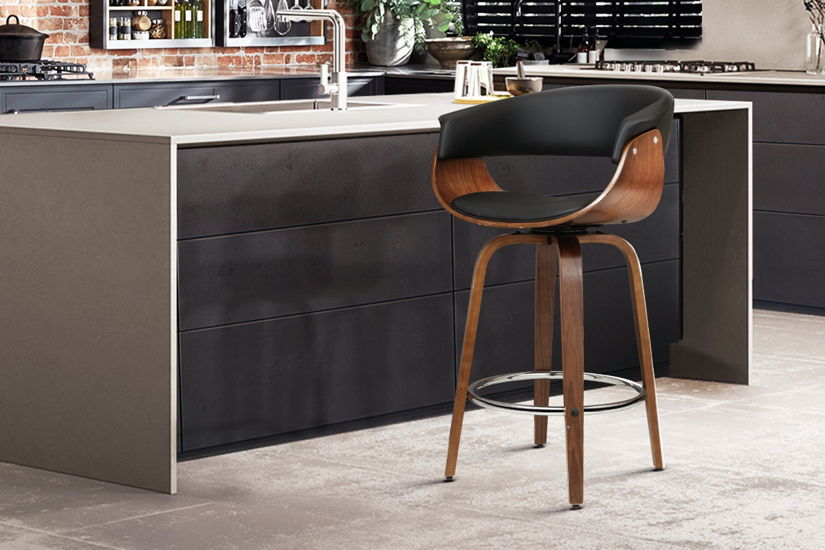 Swivel PU Leather Bar Stool - Wood and Black - image8