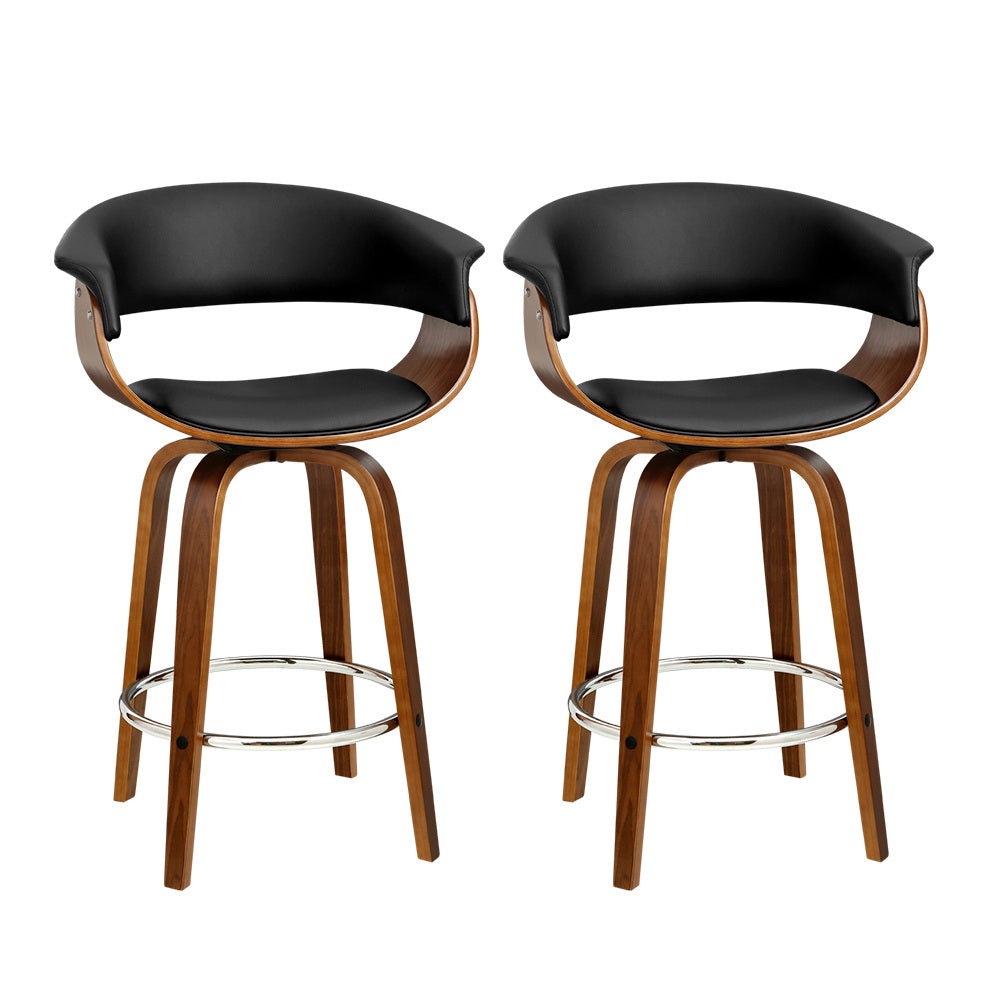 Set of 2 Swivel PU Leather Bar Stool - Wood and Black - image1