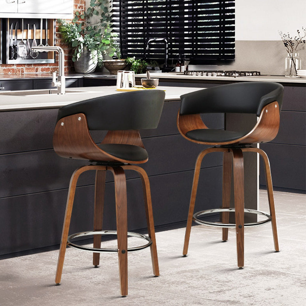 Set of 2 Swivel PU Leather Bar Stool - Wood and Black - image7