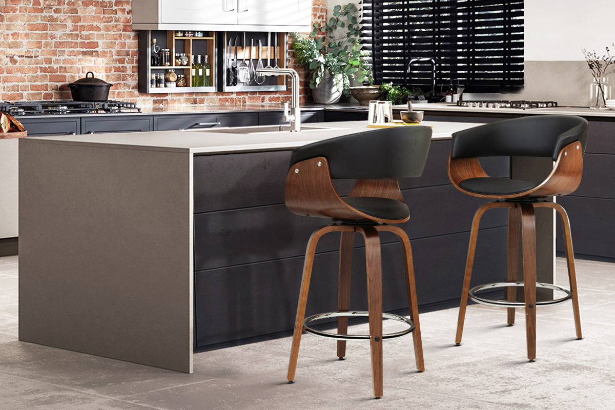 Set of 2 Swivel PU Leather Bar Stool - Wood and Black - image8