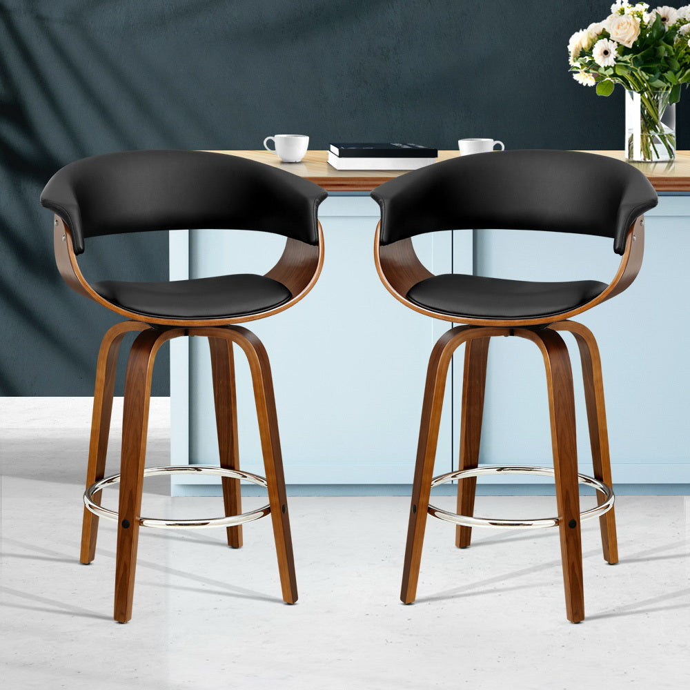 Set of 2 Swivel PU Leather Bar Stool - Wood and Black - image9