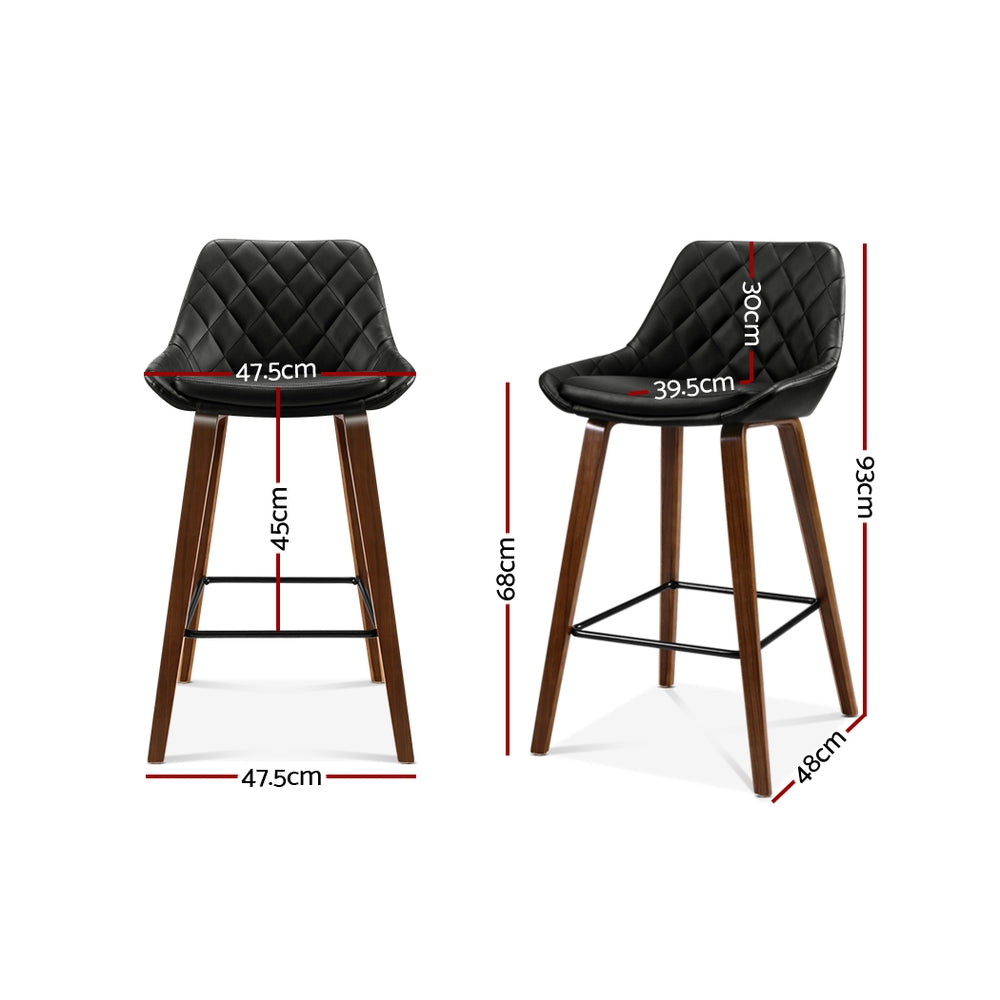 Set of 2 Bar Stools Bentwood PU Leather Diamond Pleat - Black - image2