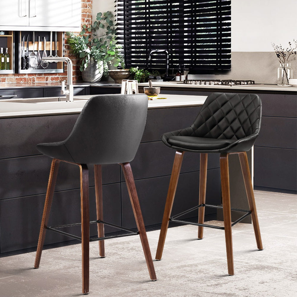 Set of 2 Bar Stools Bentwood PU Leather Diamond Pleat - Black - image8