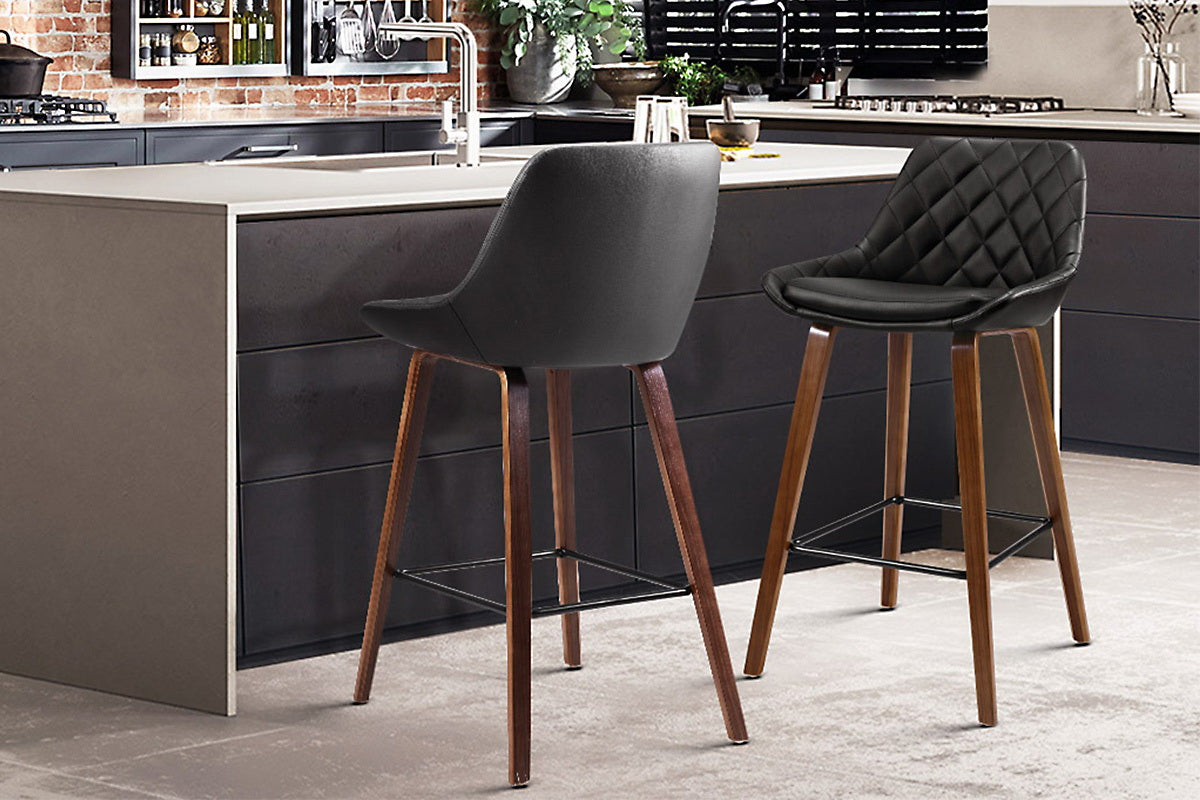 Set of 2 Bar Stools Bentwood PU Leather Diamond Pleat - Black - image9