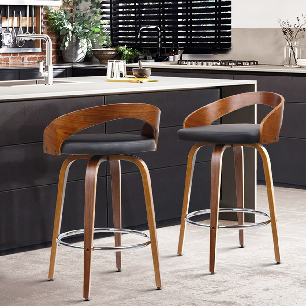 Set of 2 Walnut Wood Bar Stools - Black and Brown - image8