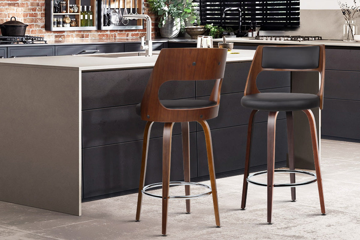 Set of 2 Wooden Bar Stools PU Leather - Black and Wood - image9