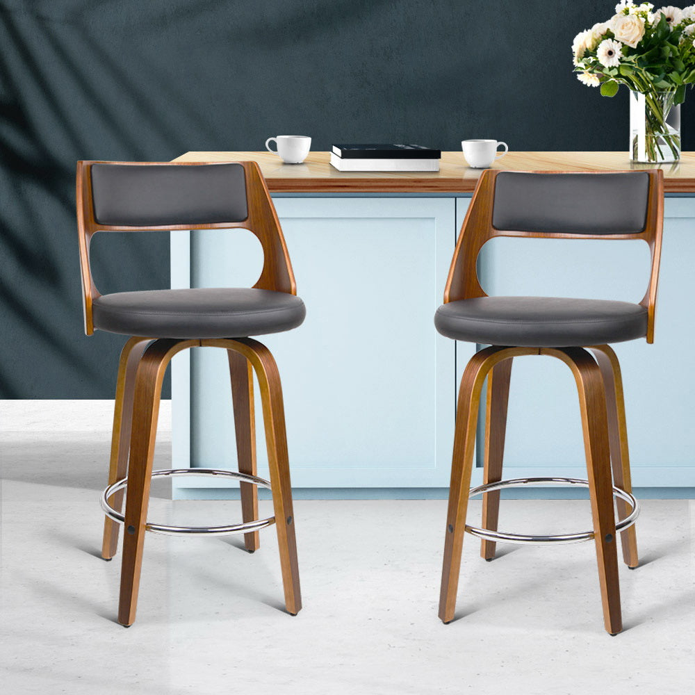 Set of 2 Wooden Bar Stools PU Leather - Black and Wood - image10