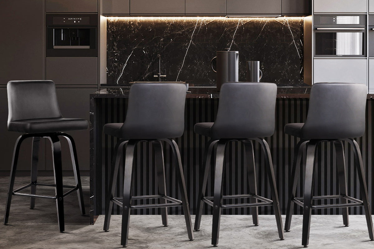 Set of 4 Wooden PU Leather Bar Stool - Black - image9