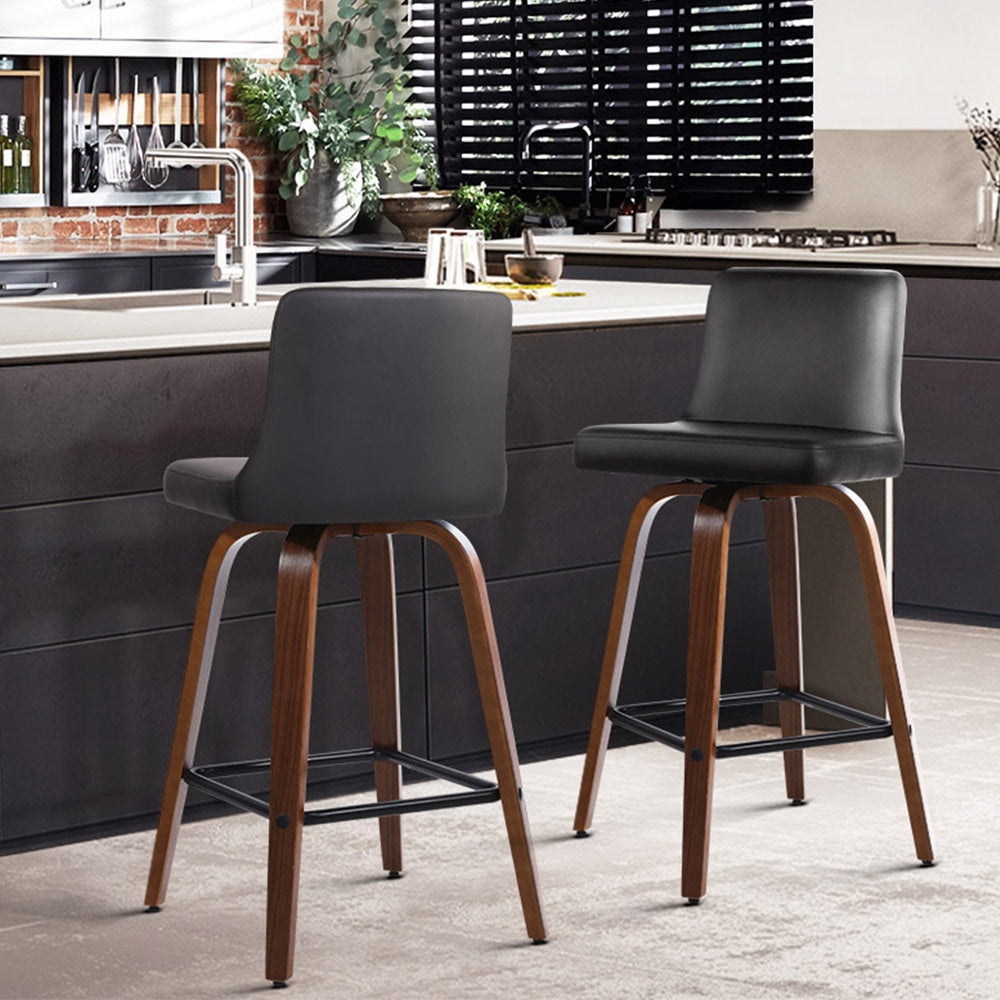 Set of 2 Wooden PU Leather Bar Stool - Black and Brown Wood Legs - image8