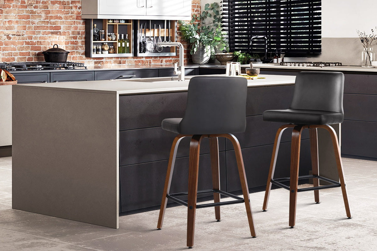 Set of 2 Wooden PU Leather Bar Stool - Black and Brown Wood Legs - image9