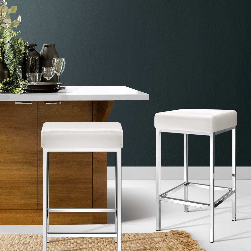 Set of 2 PU Leather Backless Bar Stools - White - image7