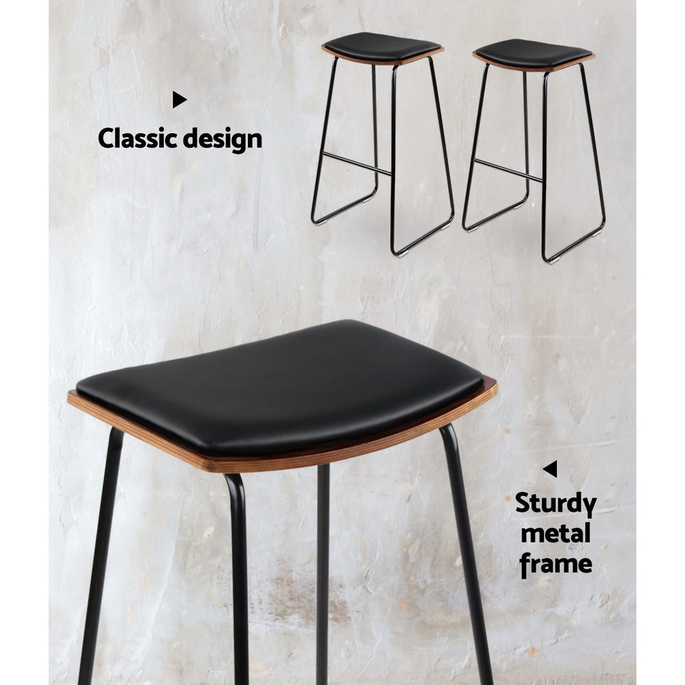 Set of 2 Backless PU Leather Bar Stools - Black and Wood - image5