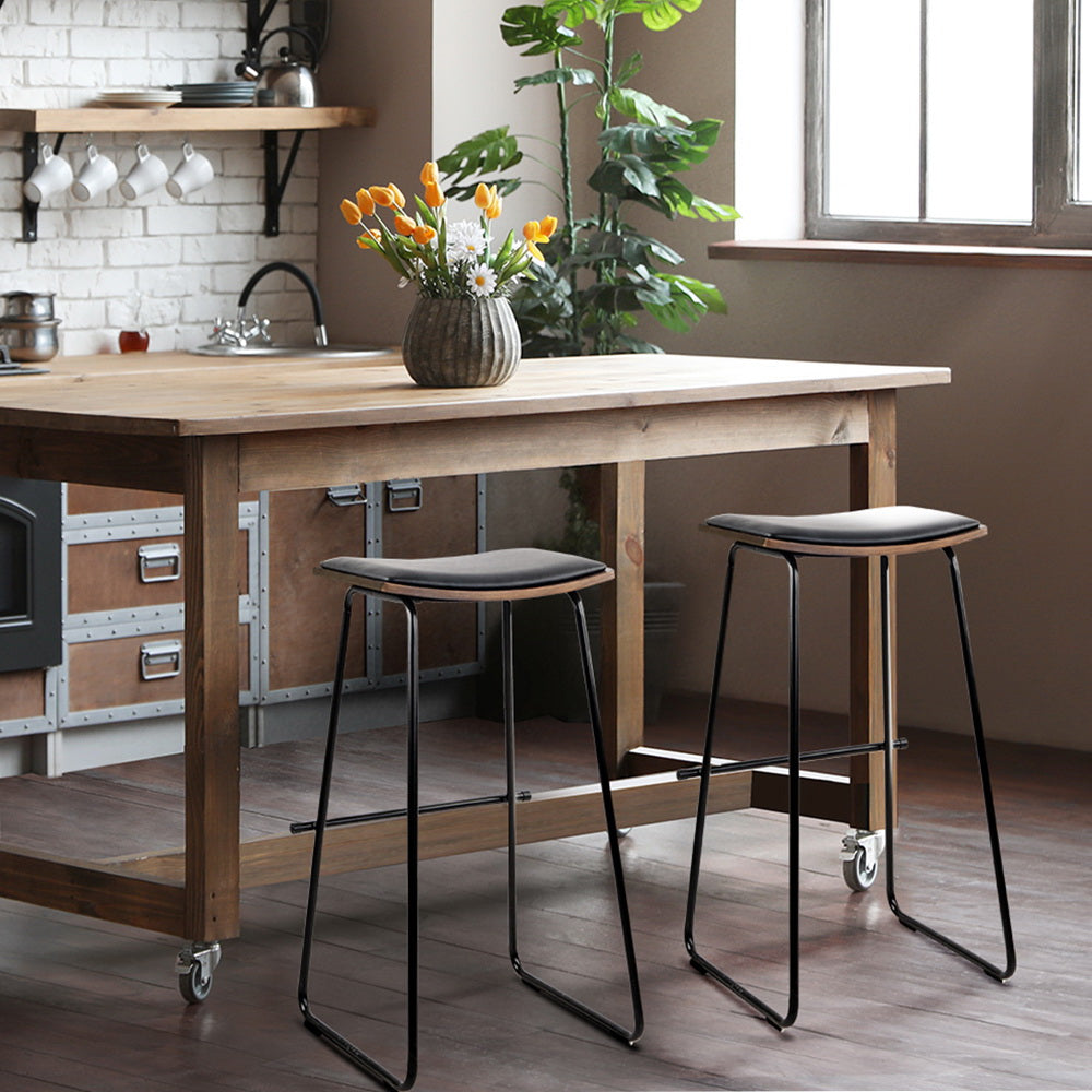 Set of 2 Backless PU Leather Bar Stools - Black and Wood - image8