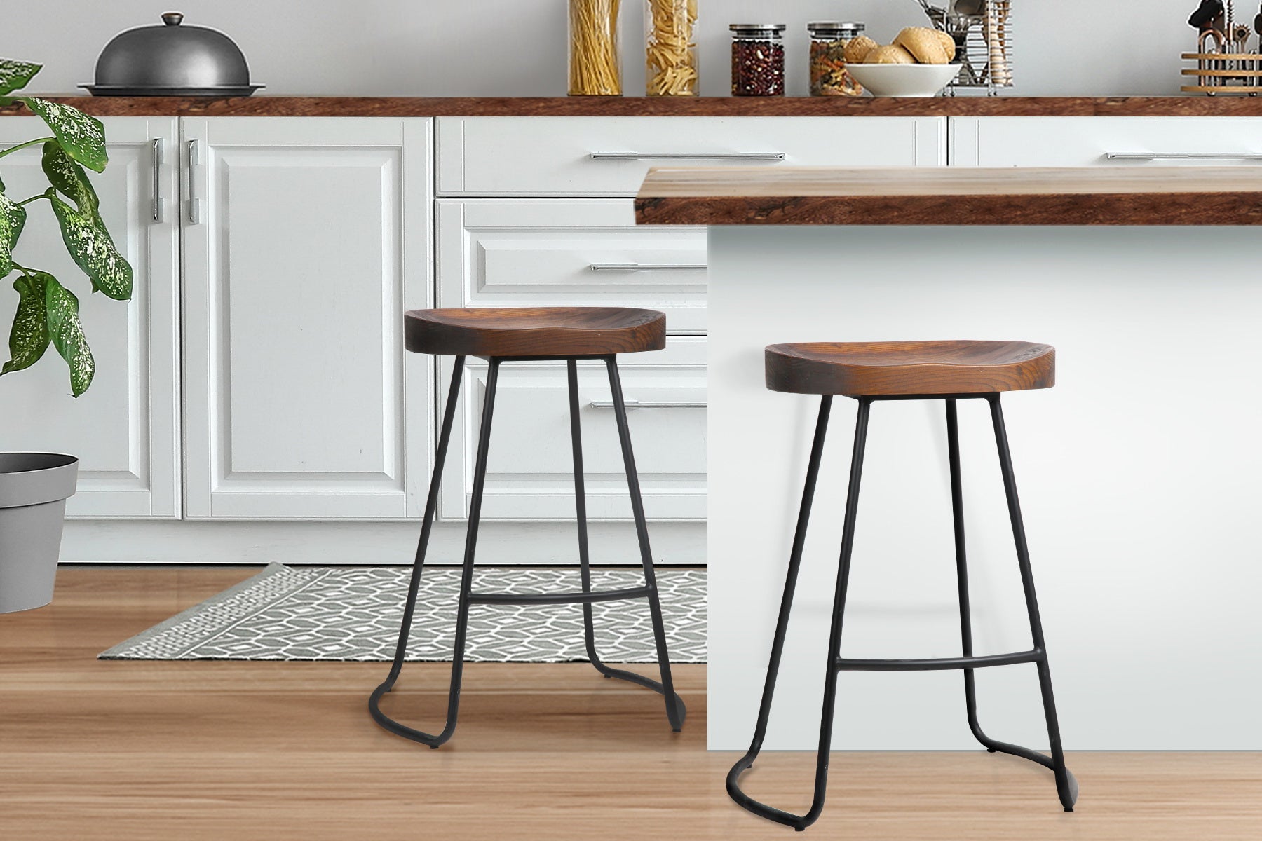 Set of 2 Elm Wood Backless Bar Stools 65cm - Black and Dark Natural - image11