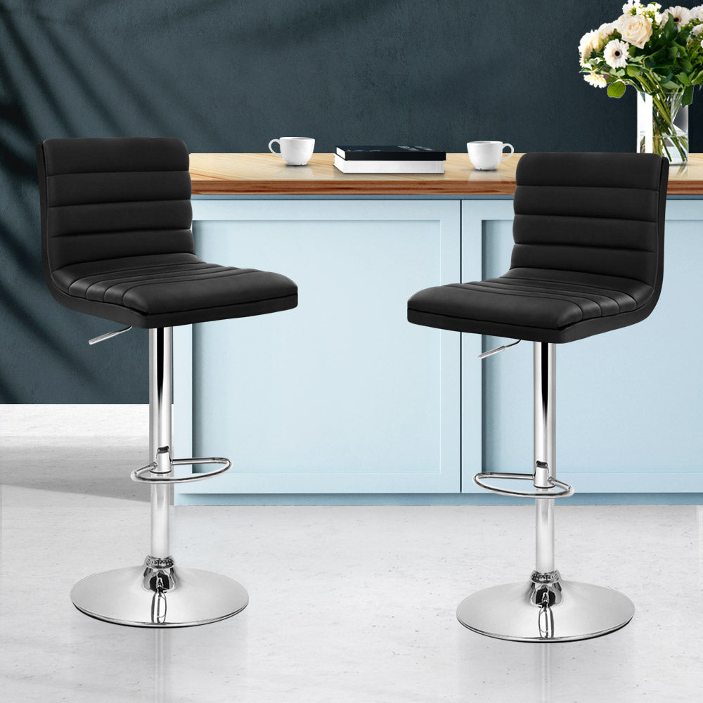 Set of 2 PU Leather Bar Stools Padded Line Style - Black - image7