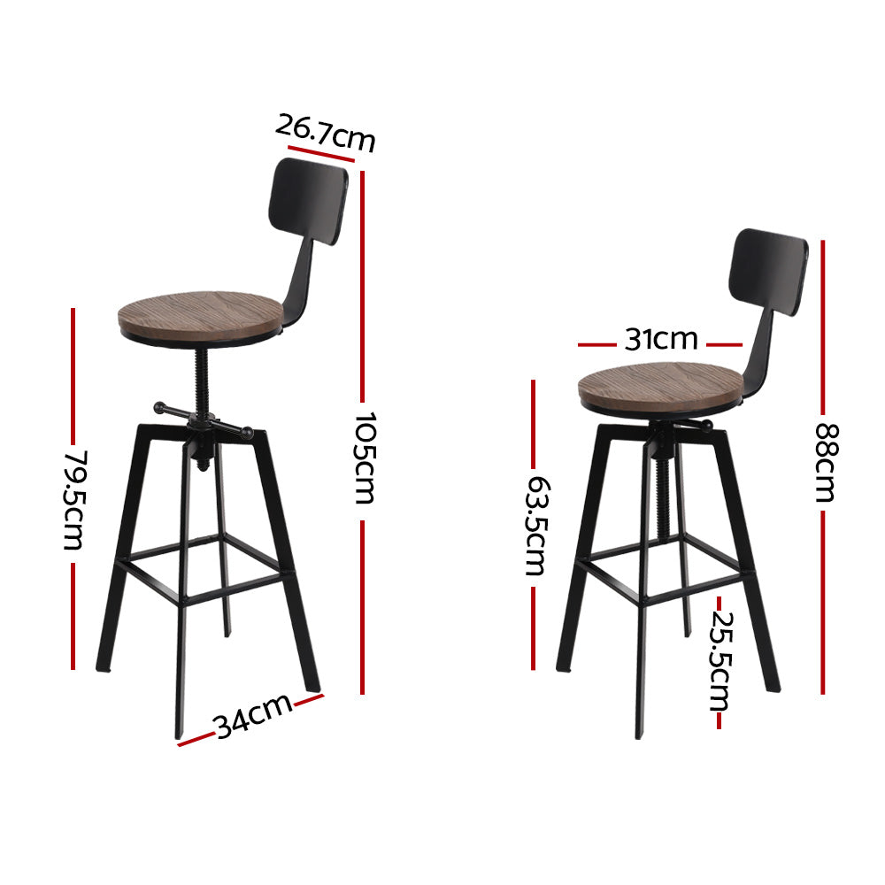 Set of 2 Rustic Industrial Style Metal Bar Stool - Black and Wood - image2