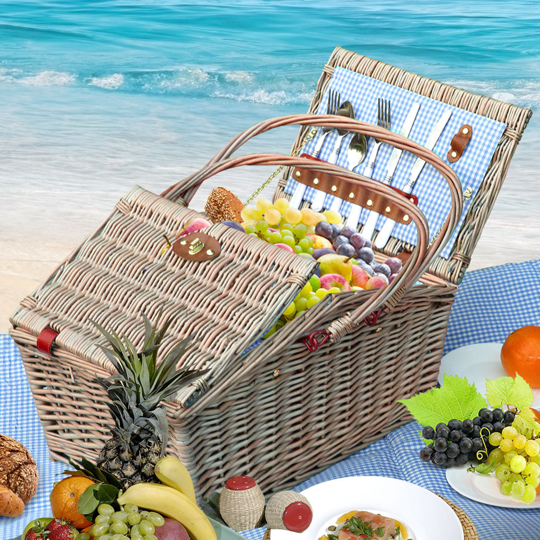 4 Person Picnic Basket Baskets Set Outdoor Blanket Wicker Deluxe Folding Handle - image7