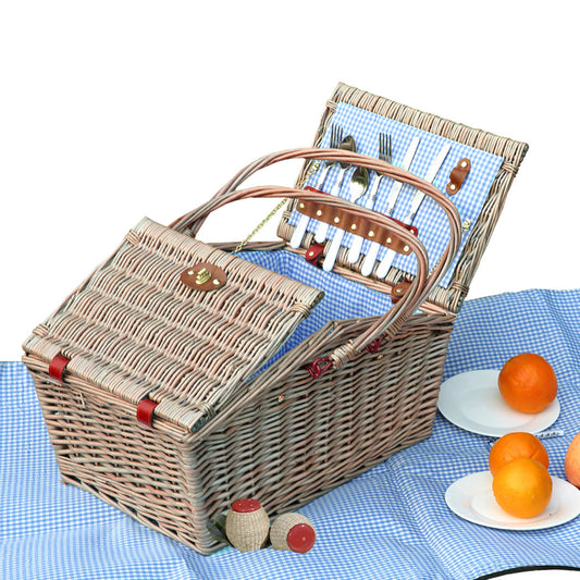 4 Person Picnic Basket Baskets Set Outdoor Blanket Wicker Deluxe Folding Handle - image1