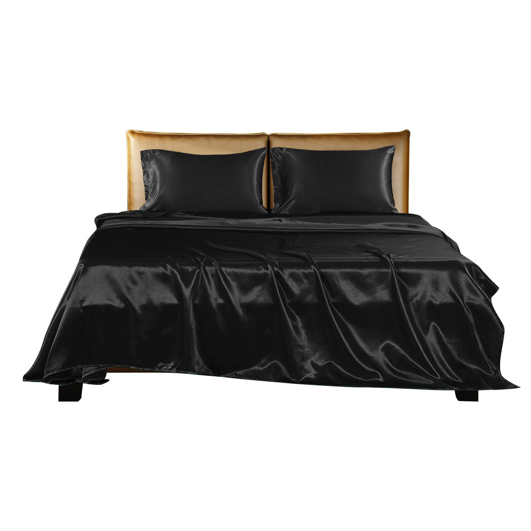 DreamZ Silky Satin Sheets Fitted Flat Bed Sheet Pillowcases Summer Double Black - image10