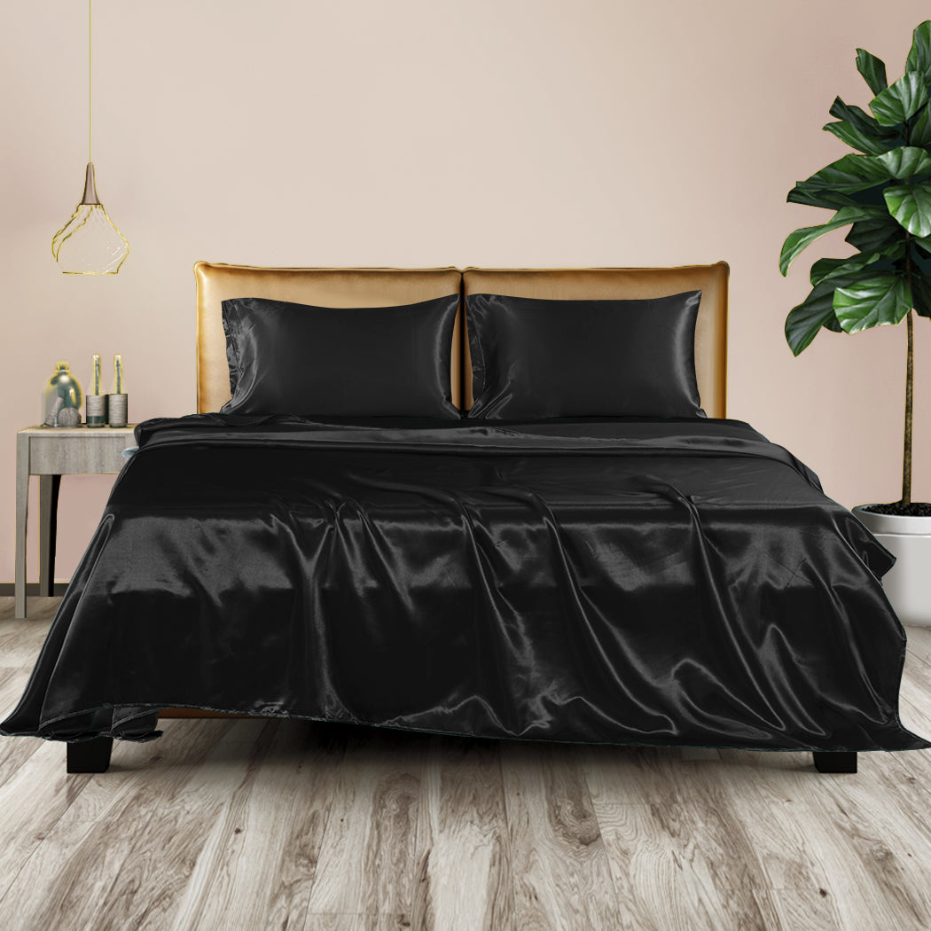 DreamZ Silky Satin Sheets Fitted Flat Bed Sheet Pillowcases Summer Double Black - image15