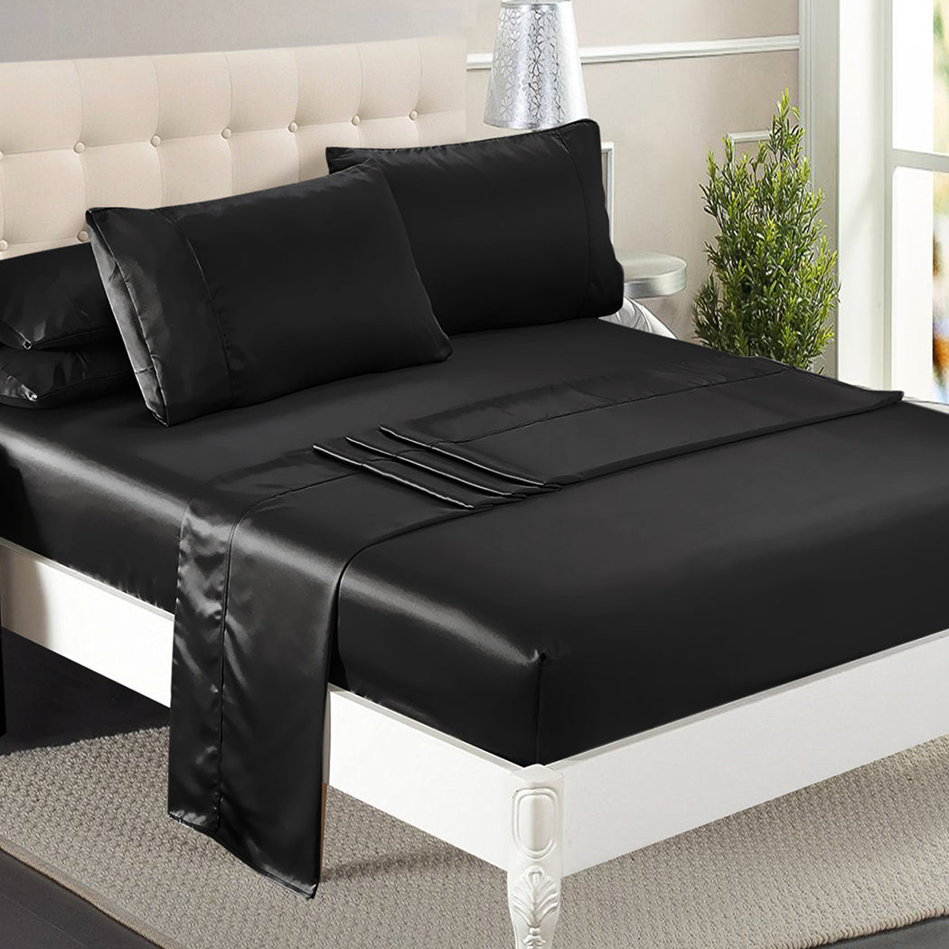 DreamZ Silky Satin Sheets Fitted Flat Bed Sheet Pillowcases Summer Double Black - image16