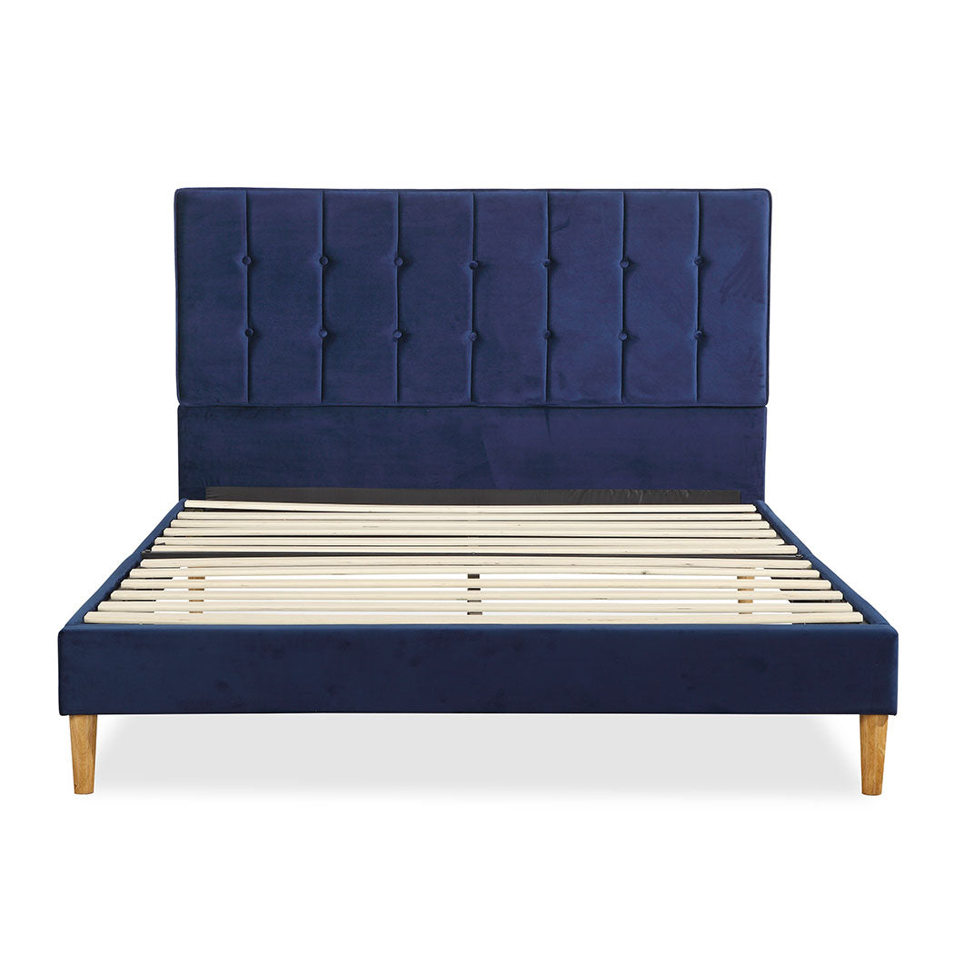 Bed Frame Queen Size Mattress Base Platform Wooden Velevt Headboard Blue - image2